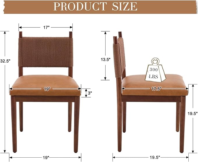 CIMOTA Brown Faux Leather Dining Chairs Set of 4, Mid Century Modern Upholstered Dining Room Chairs with Woven Back, Armless Kitchen Chairs with Walnut Solid Wood Legs, PU