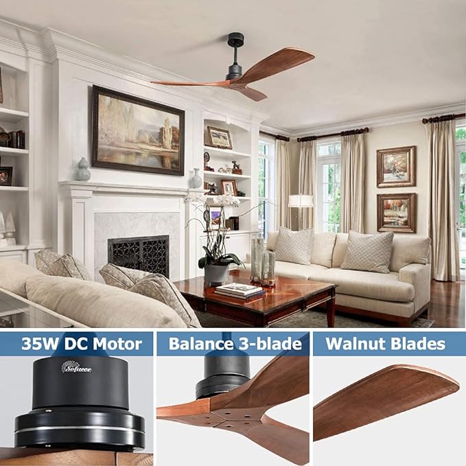 Sofucor Ceiling Fan no Lights, 52 Inch Low Profile Flush Mount Modern Wood Ceiling Fan with Remote for Indoor Farmhouse Bedroom Living Room Outdoor Patio Porch, Reversible DC Motor, Noiseless