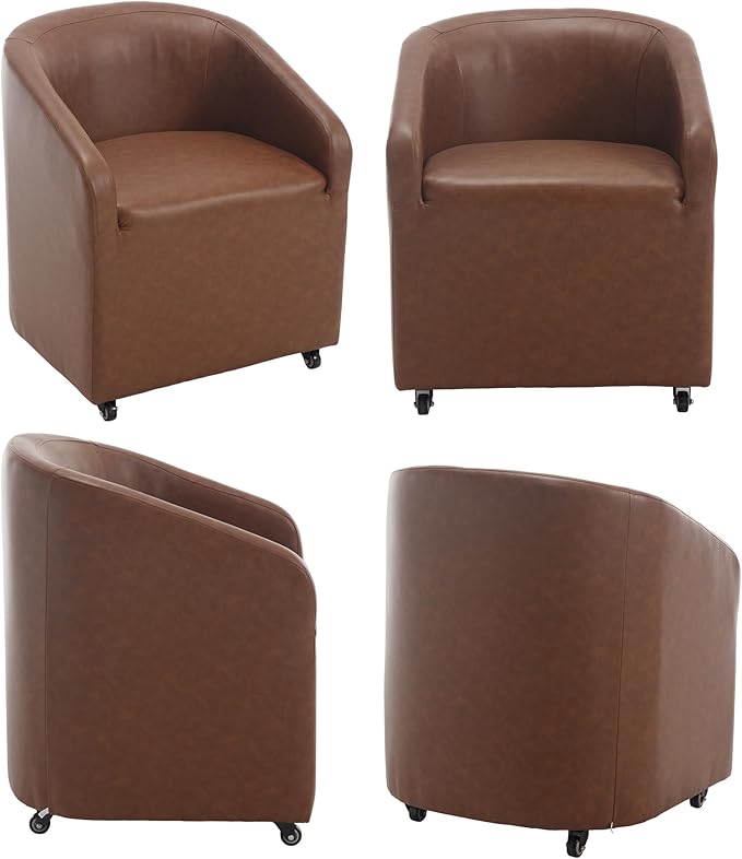 Brown Dining Chairs with Casters, Faux Leather Upholstered Barrel Dining Chairs with Rollers Armchairs Comfy Small Accent Chairs with Arms for Small Spaces Living Room Reading Room Bedroom