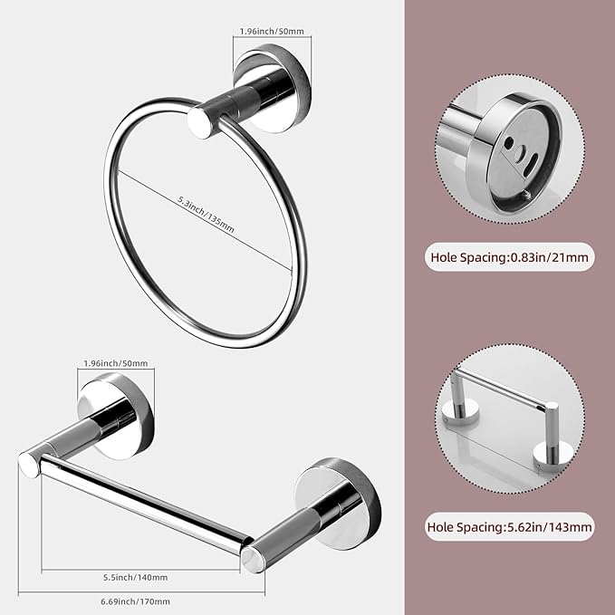 Chrome Toilet Paper Holder Towel Ring,Bathroom Hardware Set,Hand Towel Holder Wall Mount Tissue Roll Holder with Double Post Bath Accessories SUS304 Stainless Steel 2pc