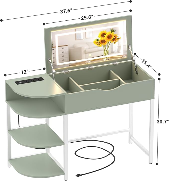 Cyclysio Vanity Desk with Flip Top Mirror and Lights, Makeup Vanity Desk with Drawers, Dressing Table with Storage Shelves & Charging Station, Small Vanity for Small Spaces, Green