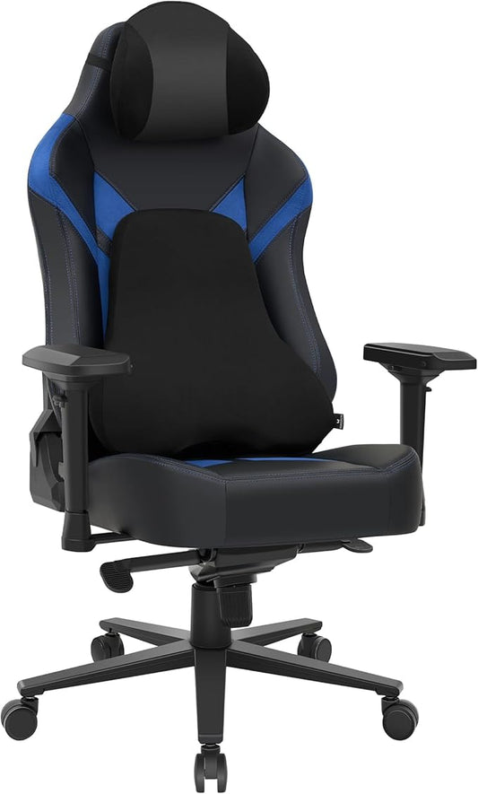 Ergonomic Gaming Chair, Computer Desk Chairs, 4D Armrests, High Back Office Chair with Headrest & Lumbar Pillow, Tilt Rocker Recliner, Heavy-Duty Base, Black PU Leather & Blue Suede Combo