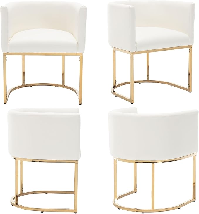 Faux Leather Dining Chair Modern Barrel Arm Chairs with Golden Metal Frame, Upholstered Kitchen Chairs 18.5" Wide Accent Chair for Living Room Dining Room Restaurant, White