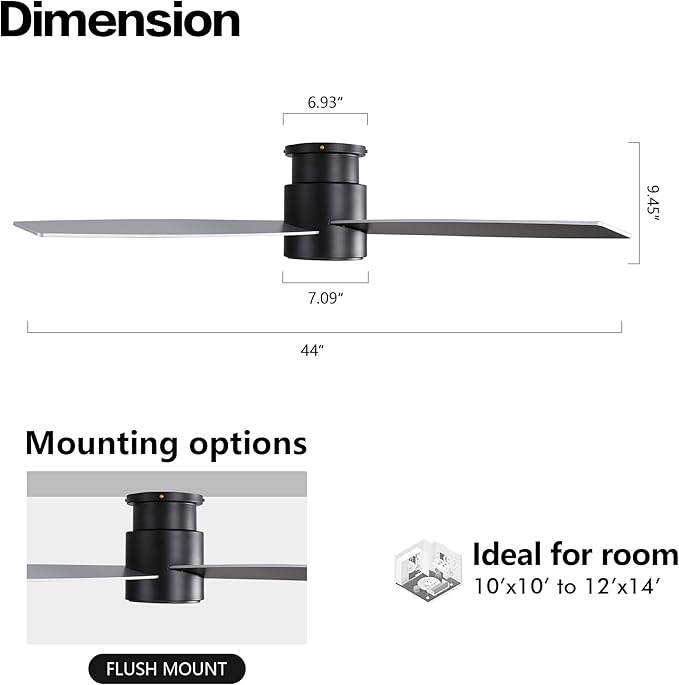 WINGBO 44" Flush Mount DC Ceiling Fan without Lights, 4 Reversible Plywood Blades, Quiet 6-Speed DC Motor, Hugger Low Profile Ceiling Fan No Lights for Bedroom, Black Finish