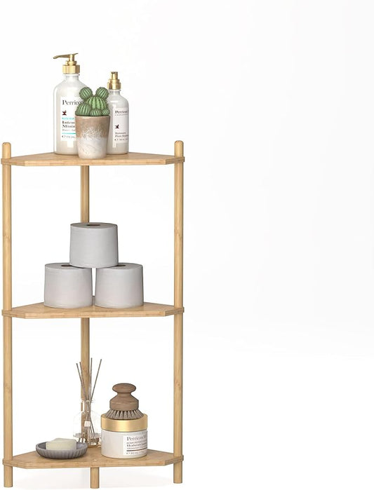 Wisuce Corner Shelf Stand - 3 Tier Bamboo Small Corner Bookshelf for Office Kitchen Bedroom Plant Stand Living Room Decor Small Space (Nature)