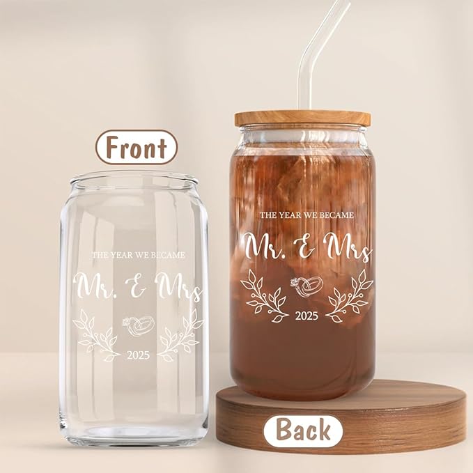 Wedding Gifts for Couples 2025 - Mr and Mrs 16oz Glass Cup With Lid and Straw, Newlywed Gift, Bridal Shower, Just Married Ornaments