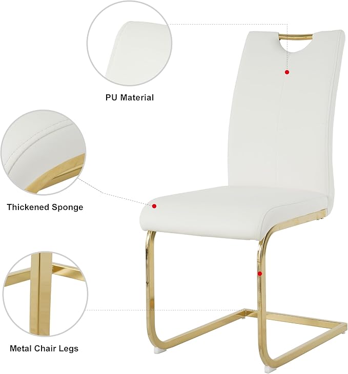 Goujxcy Gold Dining Table Set for 6, Glass Kitchen Table with Chair Set, Modern 51" Rectangle Glass Dining Table and 6 White PU Leather Chairs with Metal Frame for Kitchen Dining Room