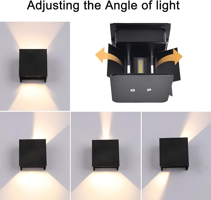 2 Pack LED Outdoor Wall Lights Exterior/Interior, Up and Down Lights IP65 Waterproof Wall Sconces, Square Aluminum Outdoor Wall Lighting Fixtures, Modern Black 12W 6500K Cold Lights
