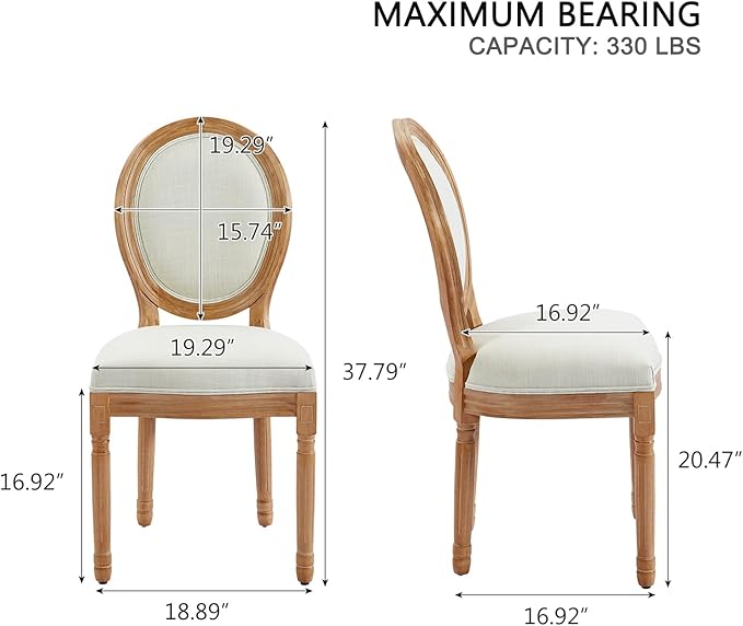 Nrizc French Dining Chairs Set of 6, French Country Dining Chair, Vintage Farmhouse Dining Chairs with Round Back, Solid Wood Beige Fabric Dining Room Chairs, for Kitchen, Bedroom, Dining Room