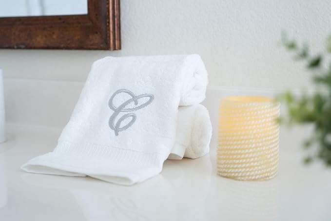 White Monogrammed Hand Towels for Bathroom - Luxury Hotel Quality Personalized Initial Embroidered Towel for Powder Room, Spa - GOTS Organic Certified - Set of 2 Silver Letter C