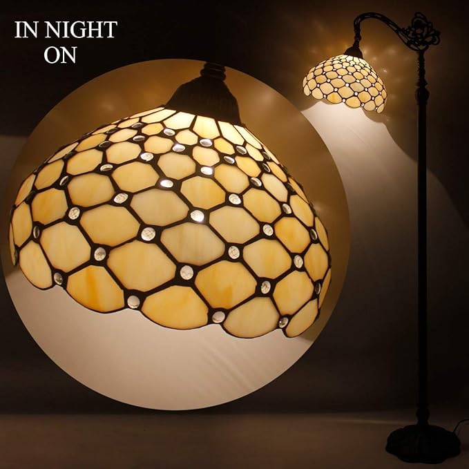 WERFACTORY Tiffany Floor Lamp Cream Amber Stained Glass Bead Arched Lamp 12X18X64 Inch Gooseneck Adjustable Corner Standing Reading Light Decor Bedroom Living Room S005 Series
