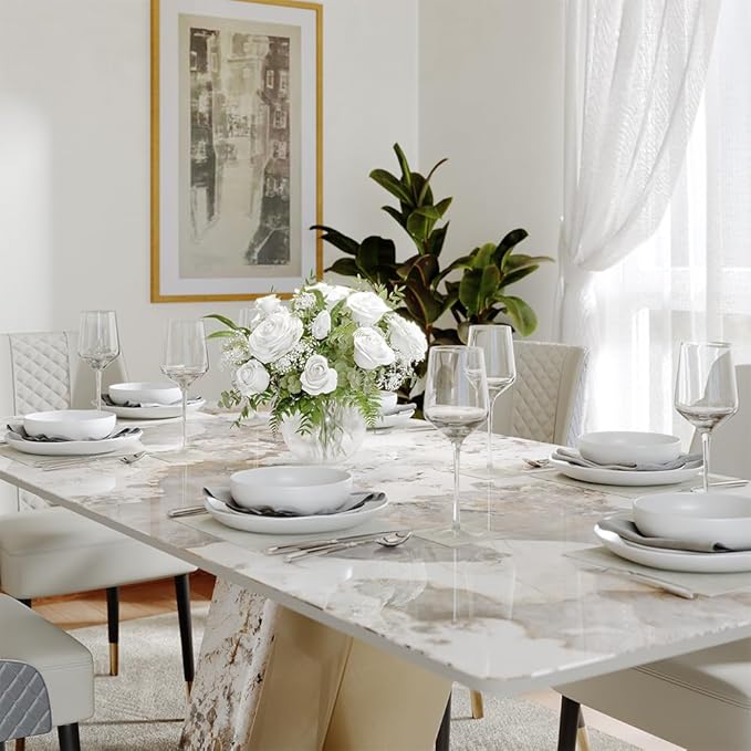 POVISON 63" Modern Luxury Gold Rectangular Dining Table for 4, Glossy Sintered Stone Tabletop, White and Gold Z-Shaped Stainless Steel Base (Dining Table Only)