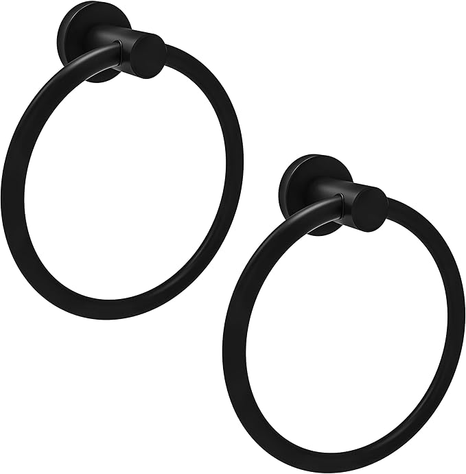 Matte Black 2 Pack Towel Ring, Hand Towel Holder for Bathroom Kitchen Modern Rounded Base Wall Mount SUS304 Stainless Steel, 180° Rotation