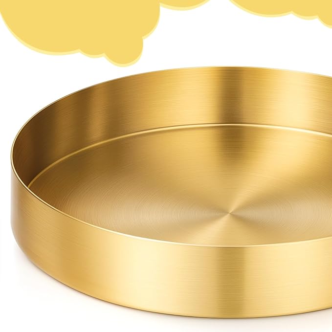 2 Pcs 7 Inch Round Gold Tray, Stainless Steel Metal Decorative Tray Vanity Trays Makeup Organizer, Coffee Table Trays for Jewelry Perfume Candle Kitchen Tableware