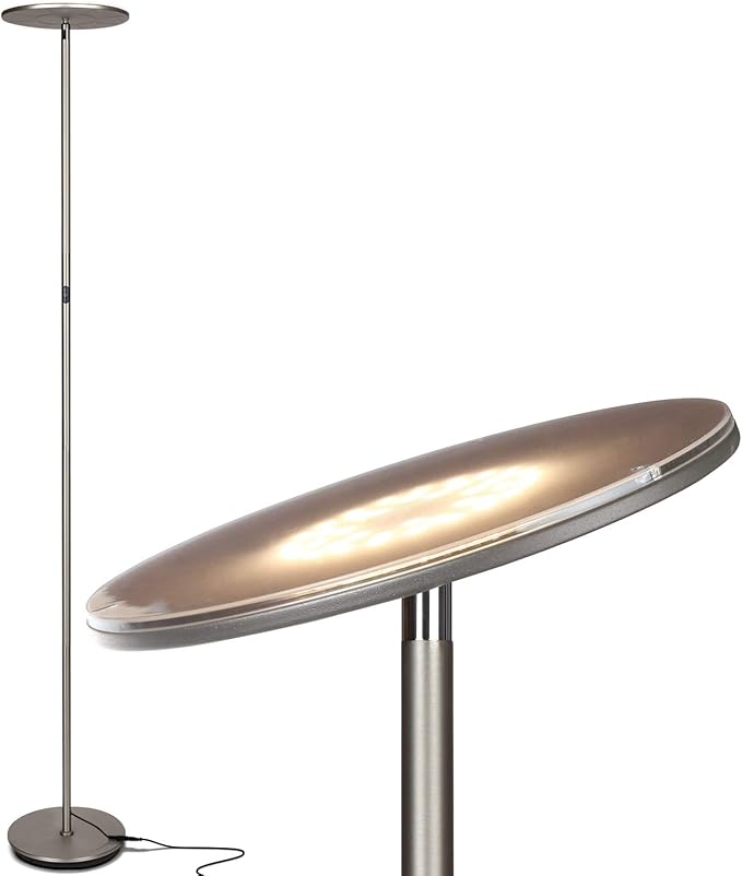 Brightech Sky LED Floor lamp, Torchiere Super Bright Floor Lamp for Living Rooms & Offices - Dimmable, Tall Standing Lamp for Bedroom Reading - Brushed Nickel