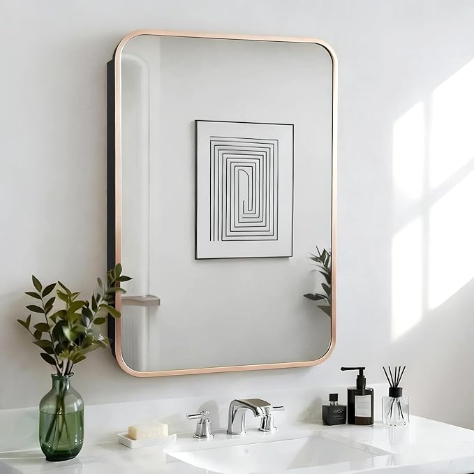 Bathroom Medicine Cabinet with Gold Metal Framed Mirror, Recessed or Wall Mount Bathroom Vanity with Storage Shelves 17.5x26 inch