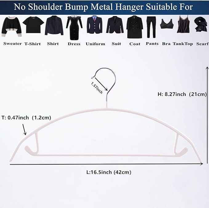 16.5 Inch Ivory No Shoulder Bumps No Mark Non-Slip Rubber Coated Contour Meta Hanger for Sweater T-Shirt Suit Coat Uniform with Pants Bar Pack of 20