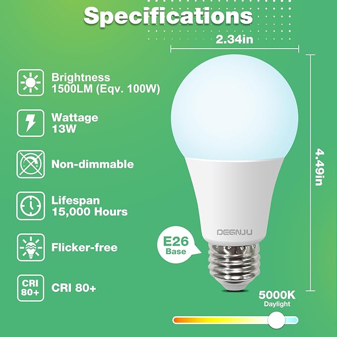 LED Light Bulbs, 100 Watt Equivalent LED Bulbs A19, 5000K Daylight, E26 Standard Base, 1500 Lumens, Non-Dimmable, 13W Bright White E26 Bulbs for Bedroom Home Office, 12 Pack