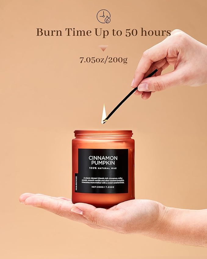 M&SENSE Cinnamon Pumpkin Fall Scented All Natural Soy Wax Candles for Home Scented, Cotton Wick Autumn Long Burning 7.05oz 50 Hours Burn Time, Jar Candle Gift for Thanksgiving