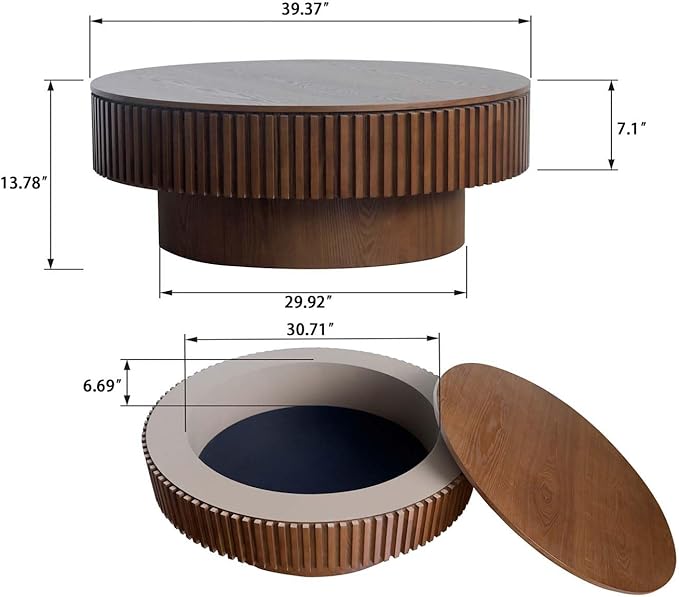 39'' Large Round Coffee Table with Storage, Fluted Coffee Table with Solid Wood Veneered, Mid Century Modern Wooden Center Table, Accent Tea Table for Living Room Apartment, Walnut