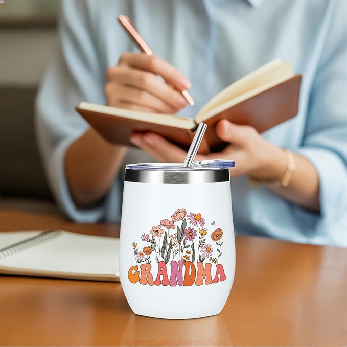 Grandma Gifts Wine Tumbler 12 oz Insulated Wine Glass Cup with Lid Straw Vacuum Travel Cup,Grandma Birthday Gifts Mothers Day Retirement Thank You Gift for Women Friend Mothers Day Christmas
