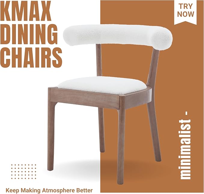 Kmax Dining Room Chairs Mid-Century Modern Sherpa Kitchen Chairs with Natural Walnut Finished Frame, Fur Curved Back, Set of 6, White