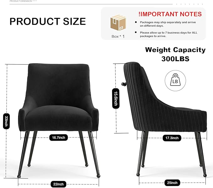 Velvet Dining Chairs Set of 2,Black Upholstered Living Room Chairs with Black Metal Legs, Modern Tufted Accent Chairs for Living Room, Study Room, Kitchen