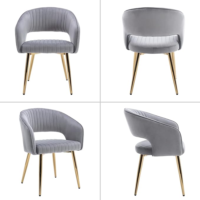 Modern Velvet Dining Chairs Set of 4, Upholstered Gold Dining Room Chairs with Hollow Back and Gold Legs, Accent Armrest Kitchen Chairs for Living Room Reception Grey