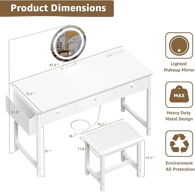 White Makeup Vanity Desk with Mirror and Lights Big Vanitys Set with Chair, Drawers and Power Outlet, Dressing Table Vanities for Girls Bedroom 47“