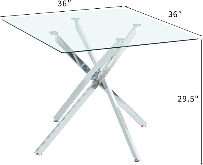 Henf 36'' Tempered Glass Dining Table for 2-4 People, Square Kitchen Table with Silver X-Base Metal Legs, Adjustable Feet, Glass Desk for Small Space, Clear Square Dining Room Table for 4