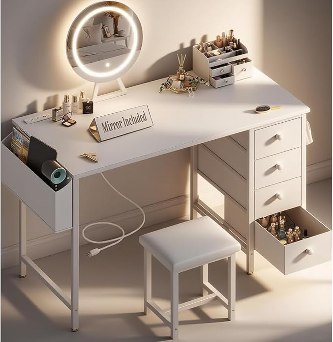 White Vanity Desk with Mirror and Light- Makeup Vanity Set Table with Chair, Storage, Lighted Mirror, 4 Large Fabric Drawers & Power Outlet, Dressing Table Vanities for Girls Bedroom