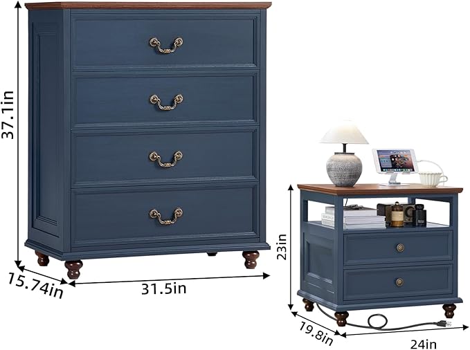 24" Wide Farmhouse Nightstand with Charging Station Set of 2, 37" Tall Rustic Chests of Drawers w/ 4 Solid Wood Feet, Farmhouse Furniture Series for Living Room,Bedroom,DarkBlue