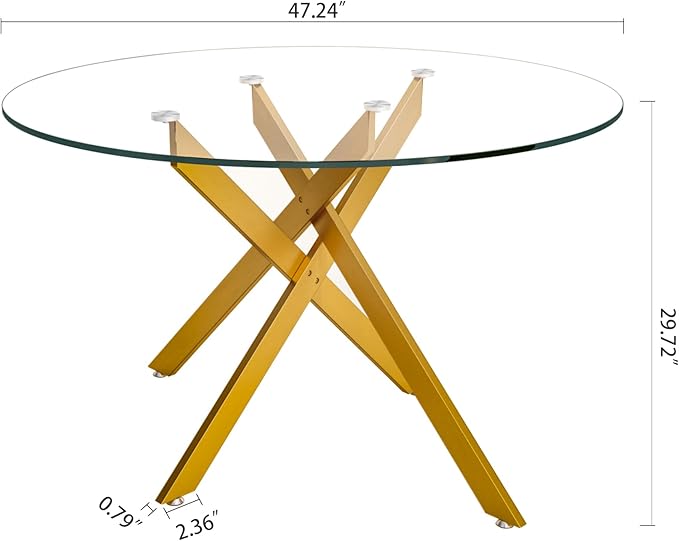 47.25" Round Dining Table for 6, Modern Clear Glass Kitchen Table for 6 with Gold X Metal Legs, Contemporary Small Circle Dining Room Leisure Tables for Kitchen Apartment