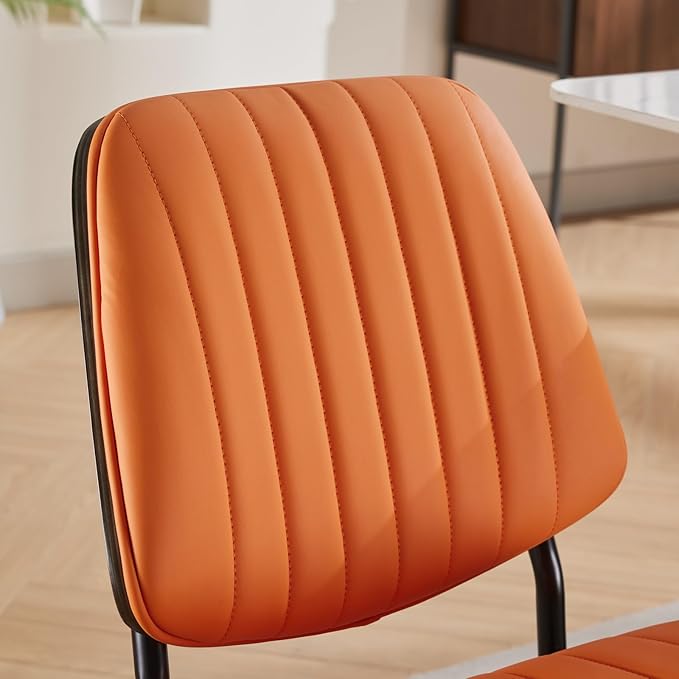 Dining Chairs Set of 6, Mid Century Modern Accent Dining Room and Kitchen Chairs, Upholstered PU Leather Vertical Stripe Chairs for Vanity with Walnut Bentwood and Metal Legs, Orange