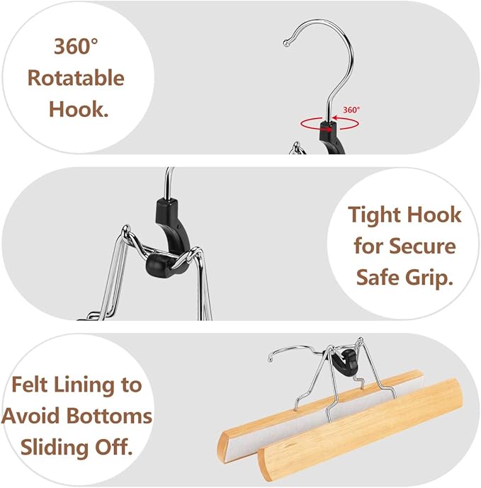 AMKUFO 12 Pack Natural Wooden Pants Hangers with Clips Non Slip Skirt Hangers Trouser Clamp Hanger Solid Wood Hanger with 360° Swivel Hook