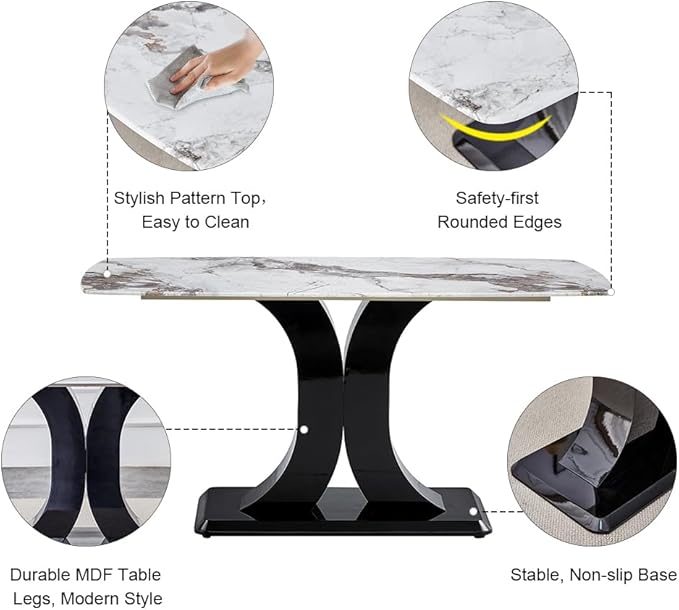 Modern Dining Table Set for 6, Marble Kitchen Table Chair Set for 6, Rectangular Kitchen Table with 6 Pu Leather Upholstered Chair for Dining Room