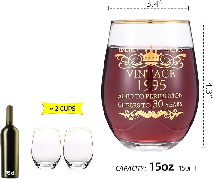 1995 30th Birthday Gifts for Women Men 15oz Wine Tumbler Red Wine Glass Cup 30 Years Old Birthday Present 30th Anniversary Present