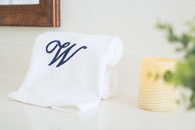 White Monogrammed Hand Towels for Bathroom - Luxury Hotel Quality Personalized Initial Embroidered Towel for Powder Room, Spa - GOTS Organic Certified - Set of 2 Navy Letter W
