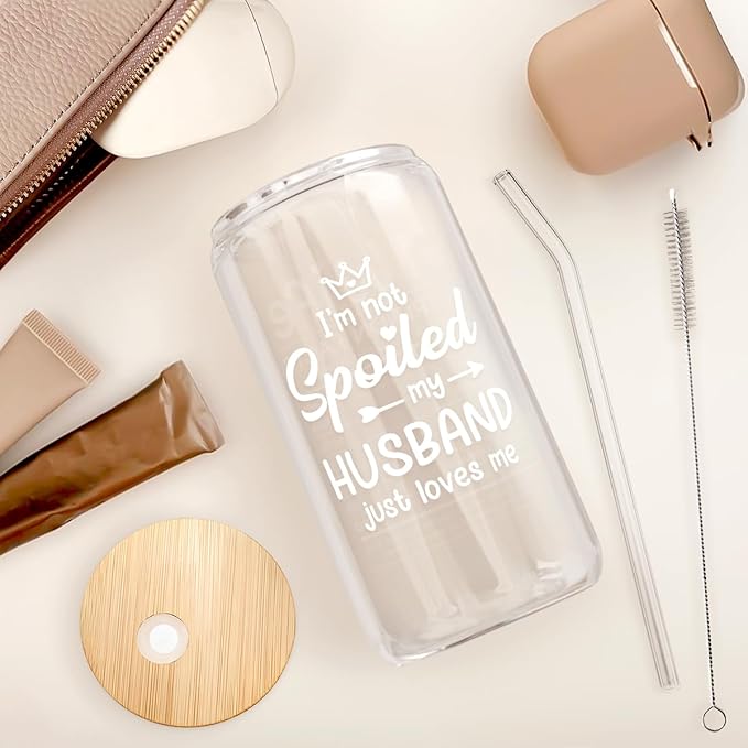Wife 16 Oz Can Glass Tumbler with Bamboo Lid and Straw - Iced Coffee Cups for Women, Aesthetic Glass Cup Gift for Birthday Christmas Valentine's Day Mother's Day