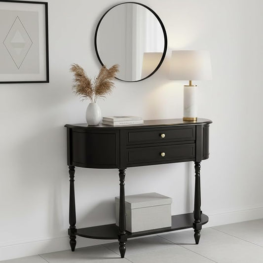 Solid Wood Panel Half Moon Table, Fitted with Leveling Legs, Black Console Table, Easy Installation, Entryway Table with Storage, Ideal for Entryways, Foyer, Corridor, Behind The Sofa