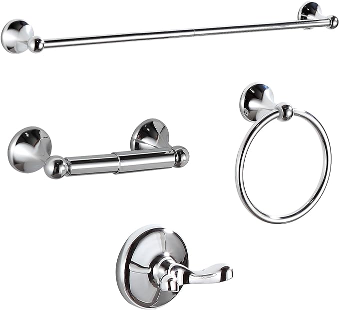 BGL Bathroom Hardware Set, Chrome Adjustable Expandable Towel Bar 4-Piece Bathroom Accessory Set Wall Mounted Robe Hook Toilet Paper Holder Towel Ring Towel Bar