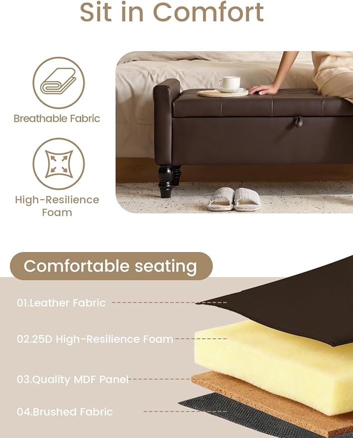 47" Storage Ottoman Bench, End of Bed Bench for Bedroom, Leather Upholstered Ottoman with Storage for Living Room, Entryway, Window (Brown)