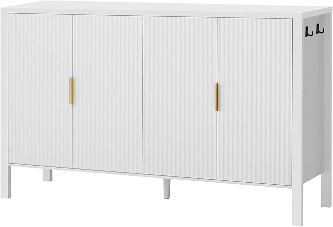 57.5'' Modern Console Table Sofa Table with Storage Racks & Side Hooks, Accent Stripe 4-Door Buffet Sideboard Serving Storage Cabinet with Adjustable Shelves for Living Room Kitchen (White-NEW)