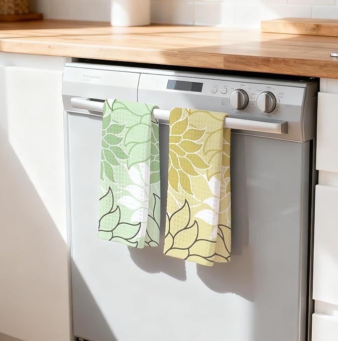 2-Pack Boho Floral Abstract Waffle Towels, Flower Hand Towel for Bathroom Decor, 16x24 Inch Neutral Yellow & Green Flower Dish Tea Towel Decor for Kitchen/Bath/SPA,Gift for Friends.