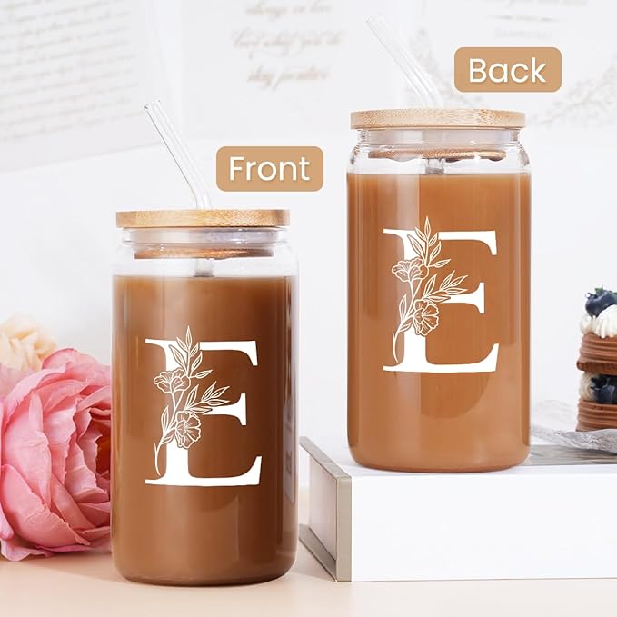 SANDJEST Monogrammed Gifts for Women - Monogram E Initial Glass Cup 16 Oz Can Coffee Cups with Lid and Straw - Monogram Initials Gifts for Womens on Birthday