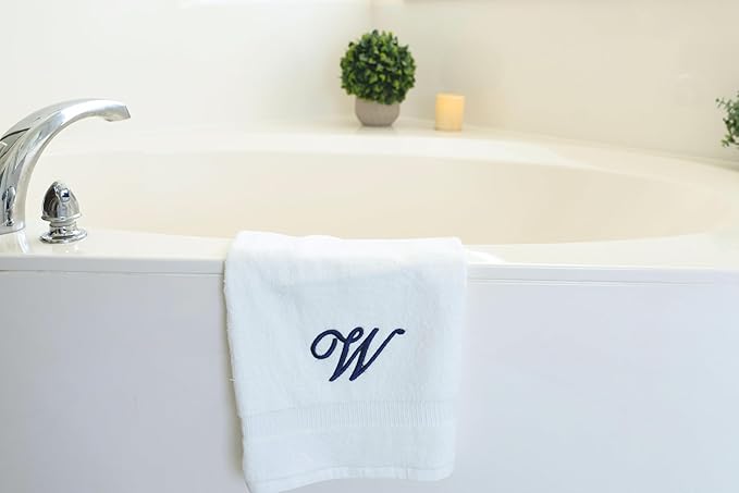 White Monogrammed Hand Towels for Bathroom - Luxury Hotel Quality Personalized Initial Embroidered Towel for Powder Room, Spa - GOTS Organic Certified - Set of 2 Navy Letter W