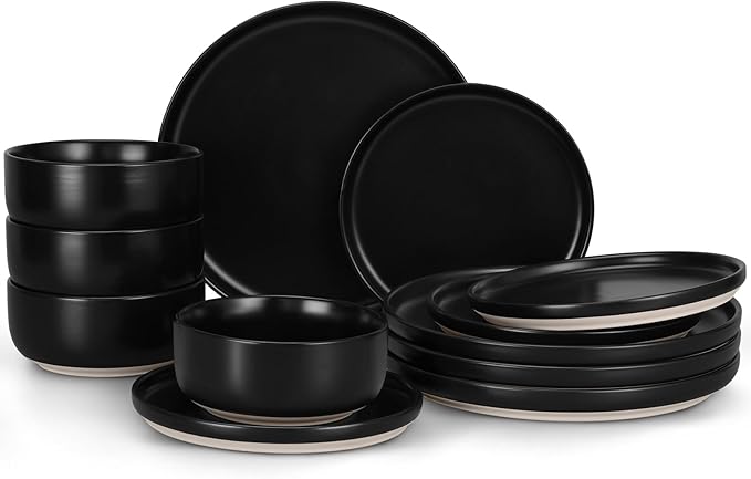 LIANYU Stoneware Dinnerware Sets for 4, 12 Piece Plates and Bowls Set, Ceramic Dishware Dishes for Dining, Scratch Resistant Kitchen Porcelain Plates, Microwave & Dishwasher Safe, Matte Black
