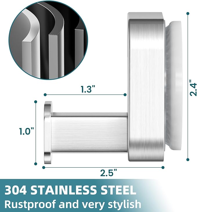 TAILI Thickened 304 Stainless Steel Bathroom Suction Hook for Towel, Loofah, Bathrobe, Patented Strong Suction Cup Holder, Damage-free Hanging Glass Shower Wall Hook, Hold Up to 11 Lbs, 2 Pack, Silver