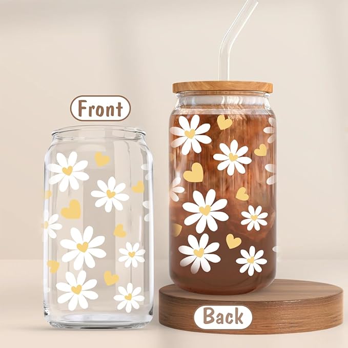 Daisy Aesthetic Glass Cups with Lids and Straws, Floral Iced Coffee Cup, Glass Cup with Colorful Flower, Aesthetic Christmas Iced Coffee Cup, irthday Gifts for Women Coffee Lovers