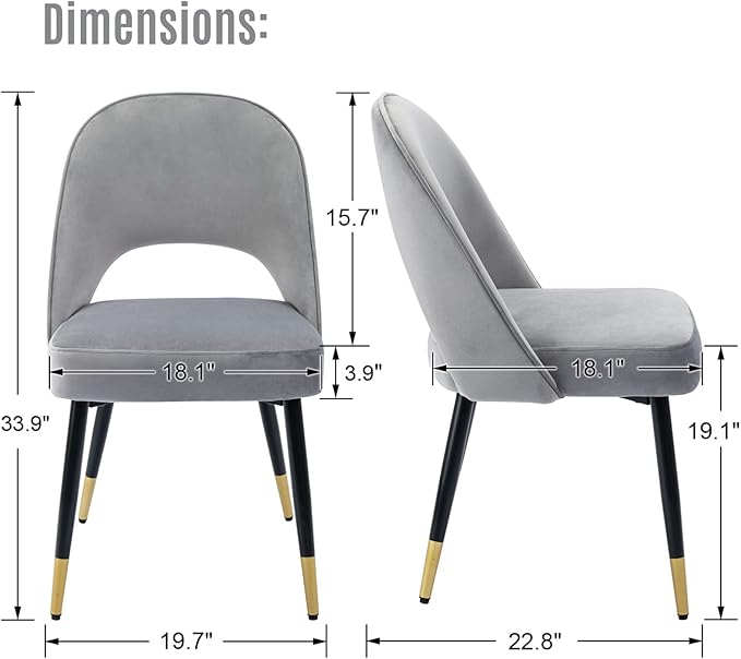 LukeAlon Modern Velvet Dining Chairs Set of 2, Upholstered Open Back Kitchen Chairs with Metal Legs Armless Side Chairs Mid Century Parsons Chair for Dining Room, Grey